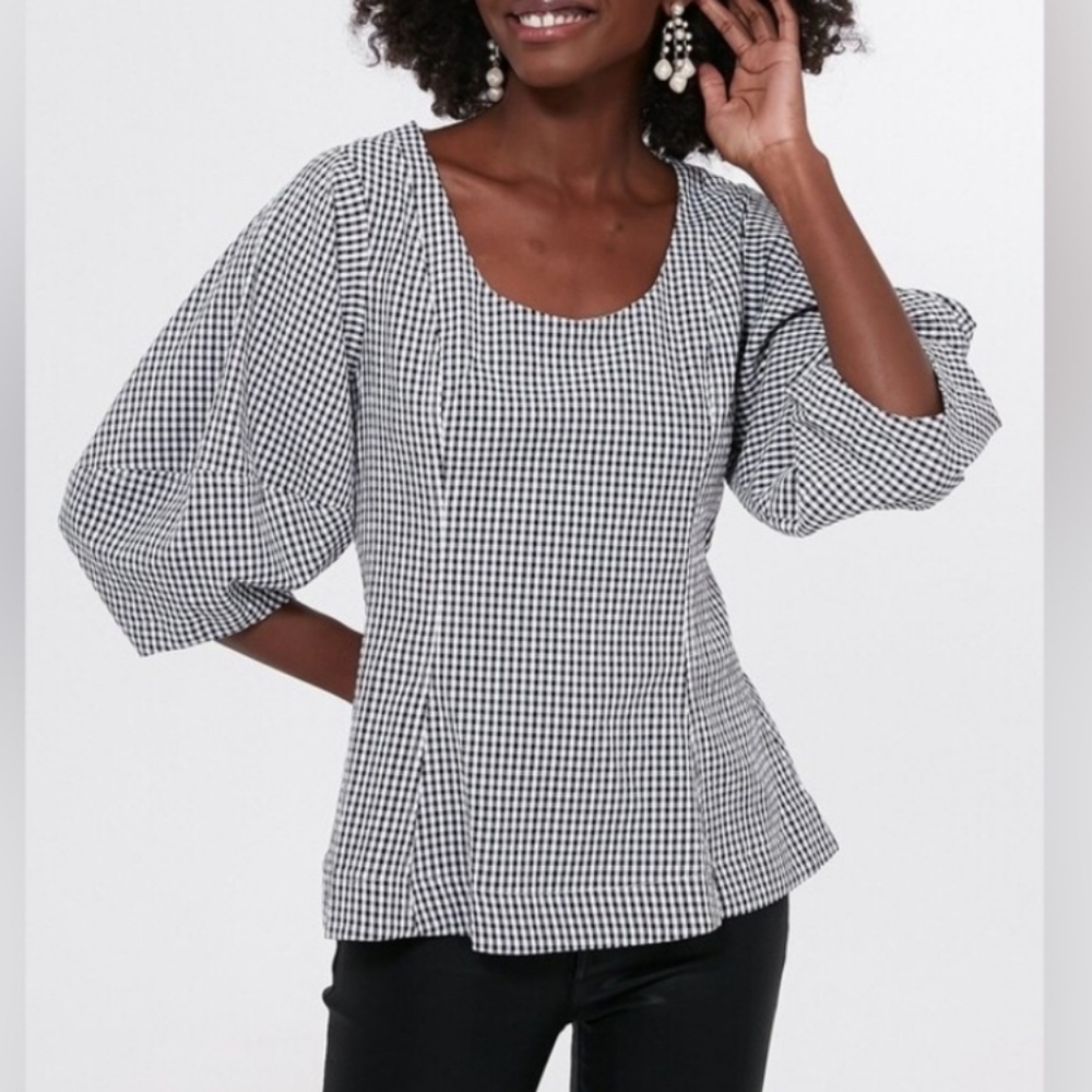 Tuckernuck Pomander Place Black Gingham‎ Malarie Top Puff Sleeve XS